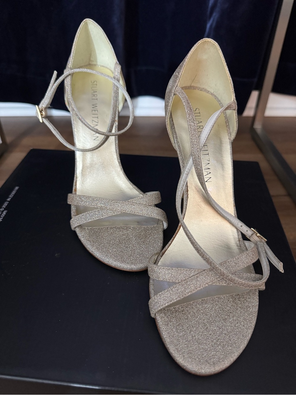 Stuart Weitzman Champagne Gold Glitter Strappy Heels
